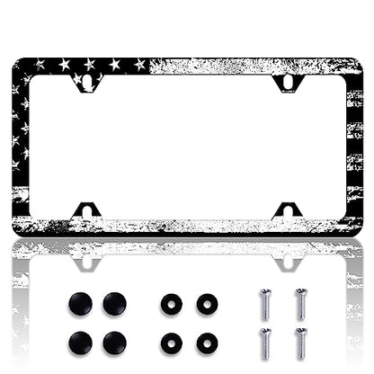Vintage Black White American Flag License Plate Frame Patriotic Personalise Stainless Steel Funny Design Compatible with Standard License Plate Holder for USA and Canada 6 X 12 with Screws | Screws Included，2-Hole ，6x12 Inch，Anti-Rust，Rattle-Proof ，Weathe