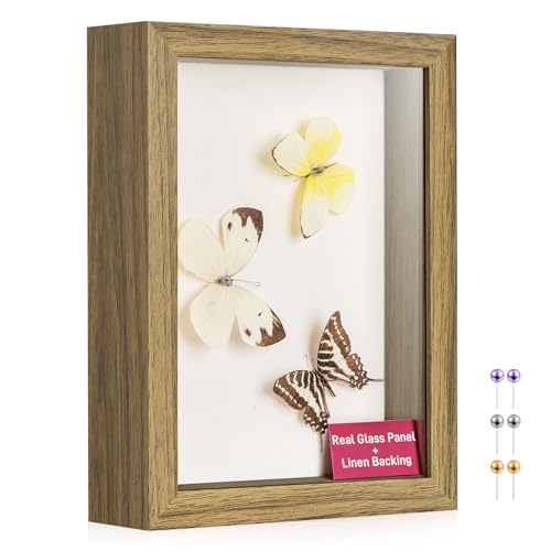 5x7 Small Shadow Box Frame with Ultra-Clear Glass & Soft Linen Back | With Push Pins and Stand, Deep 1.2" Brown Shadow Box Display Case – Display on Tabletop or Wall for Photo, Flower, Keepsakes - color: Brown+high Definition Panel + Shatter-proof Packagi