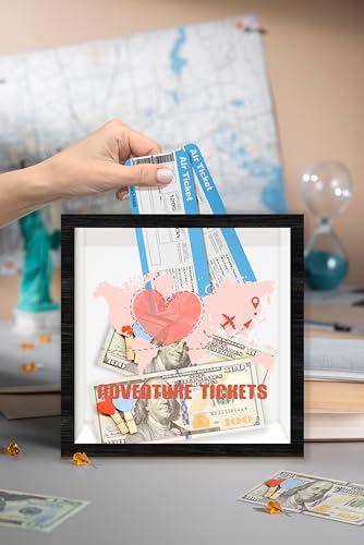 Black Honeymoon Shadow Box Frame with Slot, Adventure Tickets Boxes Frames for Fund, 8x8 Memory Box for Keepsakes, Travel Gifts and Decorations, 15 - size: adventure tickets