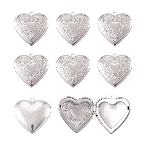 FASHEWELRY 10Pcs 316 Stainless Steel Photo Locket Pendants Heart Carved Pattern Photo Frame Charms Silver Locket Charms for Necklaces DIY Memorial Necklace Making - color: Heart Carved Pattern