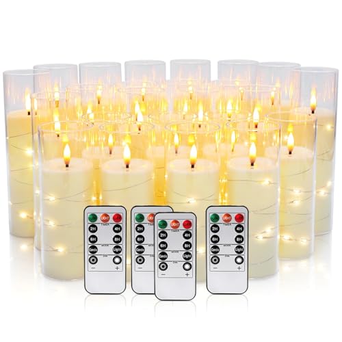 24 Pcs LED Flameless Candles with Remote, 3D Flickering Flame & LED String Lights, Acrylic Clear Cylinder, Timer Function, Romantic Ambience for Home Decor, Party, Wedding (Ivory). - color: Strip Light String-24Pack