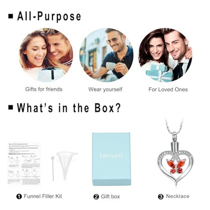 Imrsanl Butterfly Heart Pendant Cremation Urn Necklace for Women - color: Silver-Red