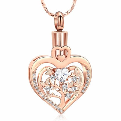 Imrsanl Tree of Life Heart Urn Necklace for Ashes Loved Ones Keepsake Cremation Jewelry Funeral Memorial Ashes Holder Pendant for Women - color: Rose Gold-White