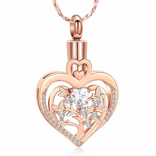 Imrsanl Tree of Life Heart Urn Necklace for Ashes Loved Ones Keepsake Cremation Jewelry Funeral Memorial Ashes Holder Pendant for Women - color: Rose Gold-White