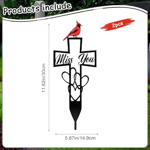 2 Pcs Metal Cemetery Memorial Plaque for Remembrance,Metal Cemetery Plaque with Cross & "Miss You" Heart,Cardinals Memorial Grave Markers,Outdoor Ground Stake for Cemetery, Garden,Memorial Tribute 6x12 Inch