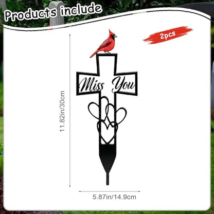 2 Pcs Metal Cemetery Memorial Plaque for Remembrance,Metal Cemetery Plaque with Cross & "Miss You" Heart,Cardinals Memorial Grave Markers,Outdoor Ground Stake for Cemetery, Garden,Memorial Tribute 6x12 Inch