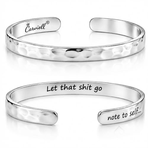 Bracelets for Women – 100+ Meaningful Engraved Messages – Solid 316L Surgical Stainless Steel Cuff Bracelet – Gift Ready - color: BADASS Gift - Note to Self.... Let that sh*t go - SILVER