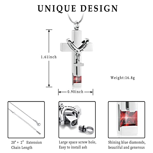 Forever in My Heart Birthstone Personalized Double Cross Urn Pendant Cremation Jewelry for Ashes Cross Ashes Keepsake - color: Silver-Red