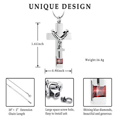 Forever in My Heart Birthstone Personalized Double Cross Urn Pendant Cremation Jewelry for Ashes Cross Ashes Keepsake - color: Silver-Red