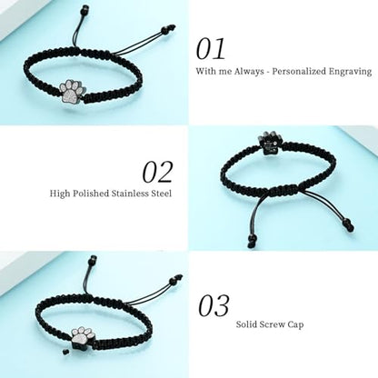 Hearbeingt Paw Print Urn Bracelet for Ashes Pet Cremation Jewelry | Stainless Steel,Adjustable Braided Rope,Mini Ash Holder for Dog Cat,Memorial Keepsake Jewelry, Bereavement Gift Pet Loss - color: A-Black