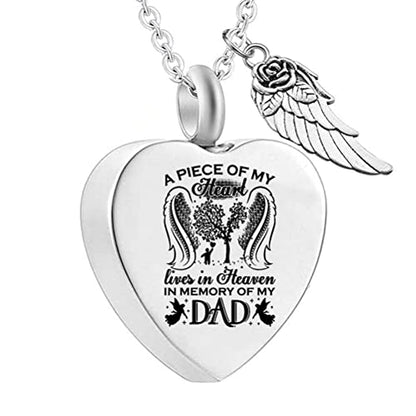 Angel Wing Heart Urn Necklaces for Ashes A PIECE OF MY Dad Mom Daughter Son Papa Cremation Jewelry Keepsake Memorial Pendant for Women Men - style: Dad
