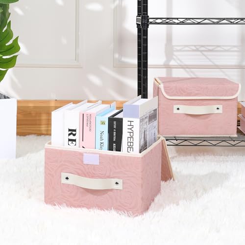 ANMINY Fabric Storage Box Bins with Lids, Rose Print, Pink, 2PCS Small | Keepsake Memory Storage, Nonwoven Fabric, PP Board Frame, Washable, PU Handles, Foldable Stackable, Decorative, 10"x8"x7" - size: Small (Pack of 2)