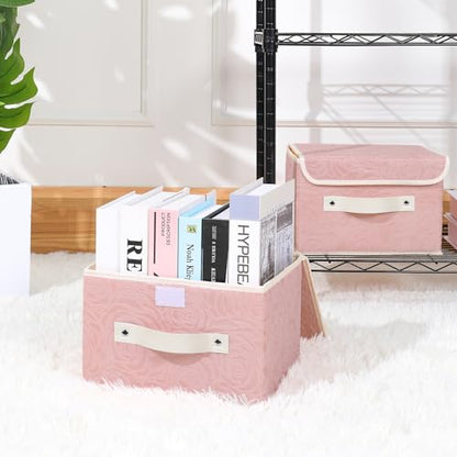 ANMINY Fabric Storage Box Bins with Lids, Rose Print, Pink, 2PCS Small | Keepsake Memory Storage, Nonwoven Fabric, PP Board Frame, Washable, PU Handles, Foldable Stackable, Decorative, 10"x8"x7" - size: Small (Pack of 2)