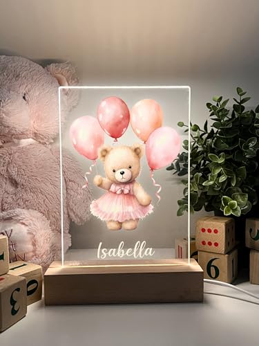 MIRROR MANIA Personalized Teddy Bear Night Light, Gift for Baby, Baby Night Light, Girl Bedroom Light Gift, Pink Bear, Girls Night Light, Nursery Decor. Handcrafted in CT, USA.