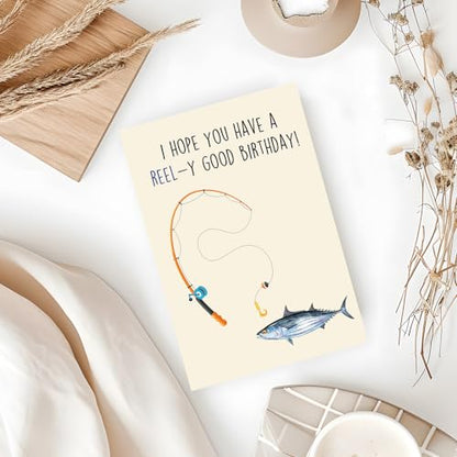Funny Fishing Birthday Gift for Him Her, Fishing Pun Card for Men Women | Funny Birthday Card for Fishing Lovers, “REEL-y Good Birthday” Greeting Card with Envelope - color: New WY-238