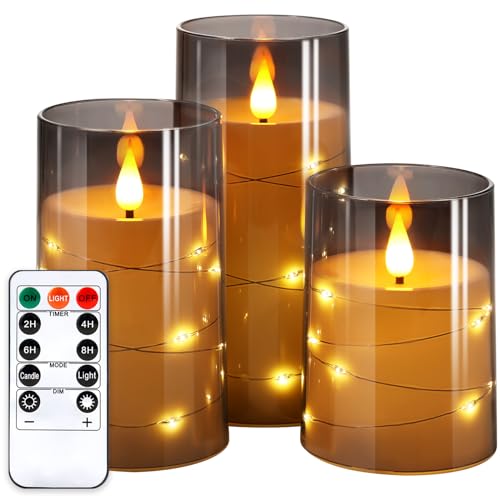 NURADA Flickering Flameless Candles: Built-in Star String Lights 3D Wick Acrylic Battery Operated LED Pillar Candles with Remote and Timer for Fall Halloween Christmas Home Decoration - 3 Pack Gray - color: Gray, size: 4-5-6 inches