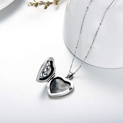 SOULMEET Personalized Silver Locket Necklace That Holds Pictures Photo Keep Someone Near to You, Memorial Custom Lockets Necklaces Letters Engraving for His Her - color: B-Rose-Black, style: Locket Necklace Only
