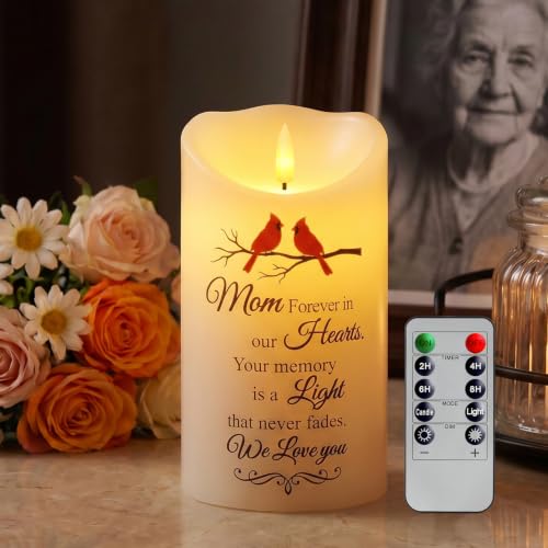 Homemory 4x7 Memorial Candle for Mom, Sympathy Gifts for Loss of Loved One | Cardinal Real Wax LED Candle with Remote Timer for Loss of Mother, 3D Flickering Flame for Remembrance at Home or Funeral - color: Forever Loved Mom