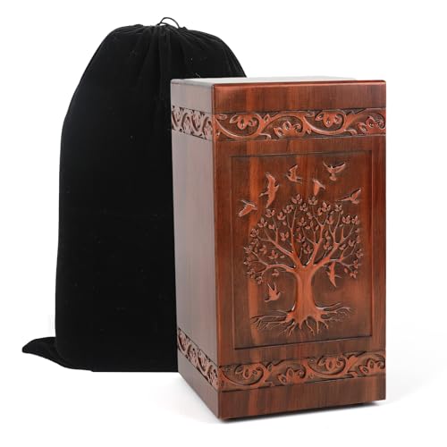 Elegant Tree of Life Wooden Urn for Human Ashes Adult – Full Size 300 Cubic Inches, Handcrafted Solid Wood Cremation Urn (11.3” H), TSA Approved Memorial Urn for Mom, Wife or Loved One