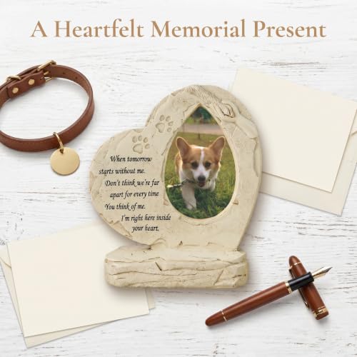 Pet Memorial Stone Headstone Grave Marker for Dog Loss Gift | Pet Dog Gravestone Tombstone, with Photo Frame, Outdoor or Indoor, Handmade of Resin, Heart Shape, Paw Prints Design