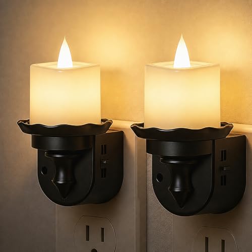 L LOHAS LED Flameless Candle Night Light, Flicker Night Lights Plug into Wall 2 Pack, Soft White Candle Nightlight with Light Sensor, Dimmable LED Flickering Nightlights for Kids Hallway Bathroom - color: Charcoal-Warm