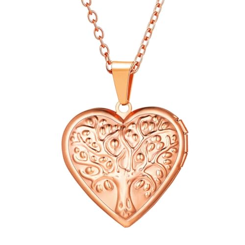 U7 Women Locket Necklace, Heart Photo Lockets Hold Picture, Gift Box Packed - color: 04# Rose Gold(Tree)