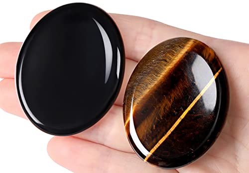 QINJIEJIE 2PCS Worry Stone for Anxiety Tiger's Eye Obsidian Stones - color: B-obsidian & Tiger's Eye