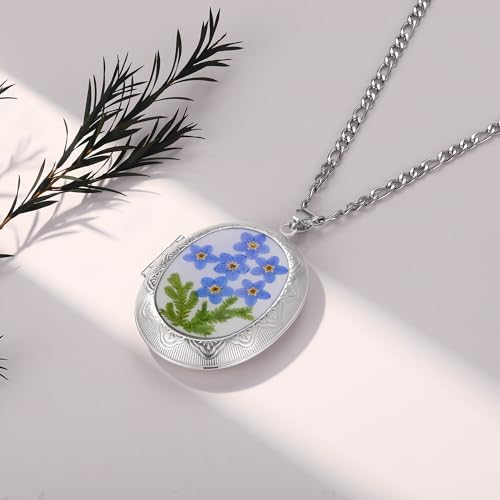 AUNTESIGN Forget-Me-Not and Queen Anne's Lace Pressed Wildflower Necklace | Birth Month Flowers Necklace | Gold/Silver Pressed Flower Jewelry | Mother's Day | Gift For Her - color: Forget-Me-Not Locket Necklace