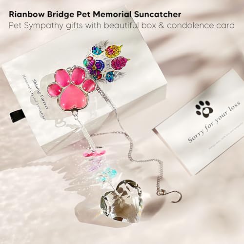 Dog Memorial Gifts, Pet Memorial Suncatcher, Loss of Dog Sympathy Gift | Thoughtful Dogs and Cats Bereavement Remembrance Gifts, Natural Cat's Eye Stone Paw Crystal Suncatcher - color: Pink
