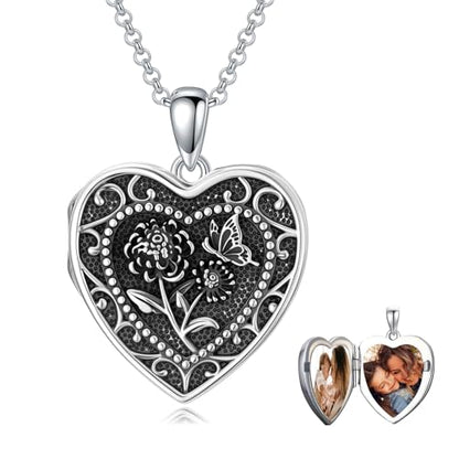 PELOVNY Birth Flower Locket Necklace for Women 925 Sterling Silver Flower Butterfly Heart Photo Locket Pendant Birthday Christmas Jewelry Gifts for Mom Daughter Wife Sister - color: 11-Chrysanthemum