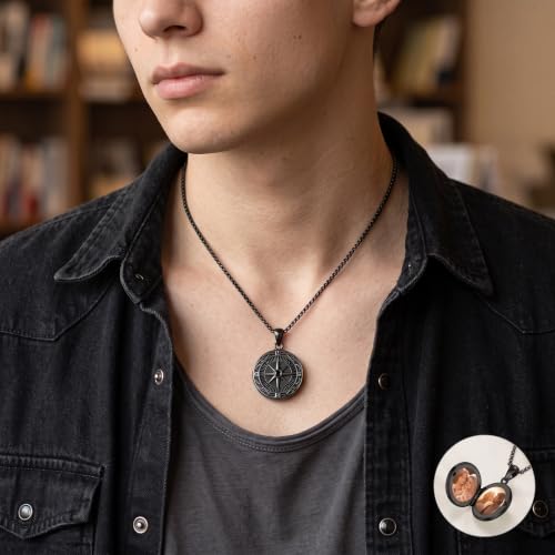 ONEFINITY Locket Necklace That Holds Picture Locket Memorial Pendant Jewelry Keepsake Gift for Men Women - color: black-Compass