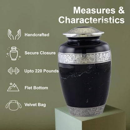 Metal Black Cremation Urns for Human Ashes with Velvet Bag, Urn Set - Cremation Urn with 4 Small Urns for Human Ashes Adult Male & Female, Decorative Urns, Urns Set of 5 (Adult Black URN Set)