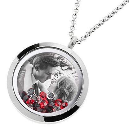 Stainless Steel Personalized Custom Photo Engraving Crystal 30mm Round Pendant Floating Locket Chain Necklace