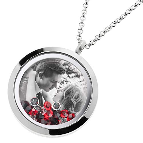Laser Engraved Personalized Photo & Text Message Floating Locket Crystals Necklace Pendant Handmade Love Note Anniversary Wedding Birthday Gift - style: Red - Photo Engraving