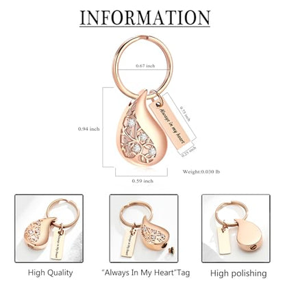 zeqingjw Cremation Jewelry Teardrop Urn Keychain for Ashes Tree of Life Urn Ashes Cremation Memorial Keepsake Keychain - color: Rose Gold