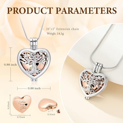 Cremation Jewelry Tree of Life Heart Urn Necklace for Human Ashes for Women Men Always in My Heart Memorial Ashes Keepsake Pendant - color: Rose Gold