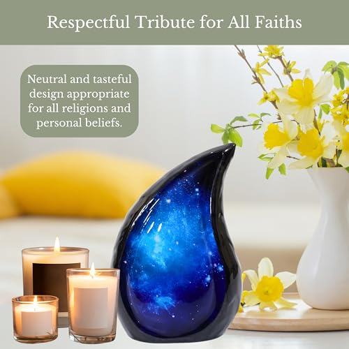 NORSE'S TRADECRAFT Teardrop Metal Urn for Ashes Adult Male & Female | Galaxy Design, Memorial Gifts with Velvet Bag, Large Cremation Urns, Handcrafted Memorial Box for Funeral, 200 cu in