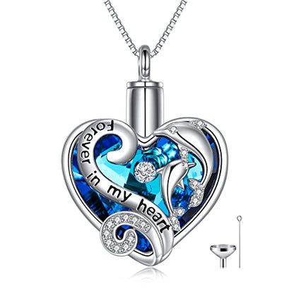 WINNICACA Silver Cremation Urn Necklaces for Ashes of Loved Ones - style: Dolphins Crystal Necklace
