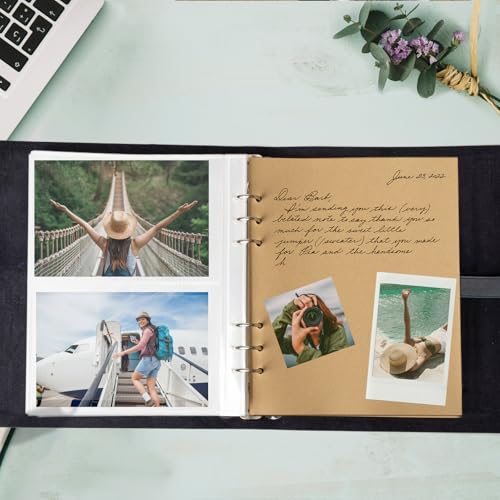 Photo Album 4x6 200 Photos, Genuine Leather Albums Page Refillable with 30 Pieces Writing Paper, Best Gift for Travel Wedding Kids Graduation Baby Picture Album Scrapbook - color: Black