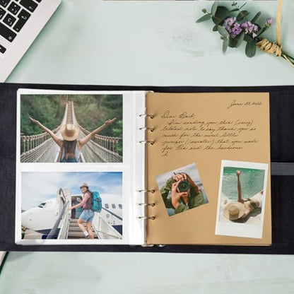 Photo Album 4x6 200 Photos, Genuine Leather Albums Page Refillable with 30 Pieces Writing Paper, Best Gift for Travel Wedding Kids Graduation Baby Picture Album Scrapbook - color: Black