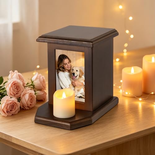 Dletay Pet Urn for Dogs 5.51 Inch with Photo Frame Memorial Small Cremation Urn for Dog Cat Ashes Decorative Pet Ashes Keepsake Memory Box Brown