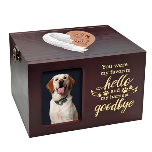 Pet Urns for Dog or Cat Ashes, Wooden Dog Urn for Ashes Keepsake with Photo Frame, Large Pet Cremation Urn with Flannel Lining Pets Memorial Box Loss Pets Sympathy Remembrance Gift(Brown) - color: Heart Wings White-brown, size: Medium