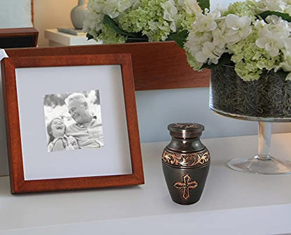 Bronze Cross Keepsake Urns for Human Ashes with Velvet Gift Box for Cremation Keepsakes for Ashes - Small Cremation Urn and Small Keepsake Urn Set of 4 - color: Brushed Bronze Cross