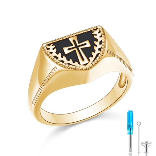 S925 Sterling Silver Cross Cremation Ring for Ashes for Men - color: Cross Gold