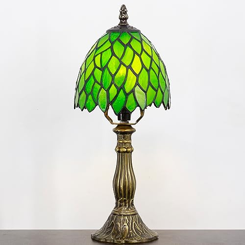 Small Tiffany Lamp Mini Accent Table Lamp Green Wisteria Leaves Style | Stained Glass Desk Memory Lamp Sympathy 6X14.6 Inch - color: Green Wisteria Leaves Style