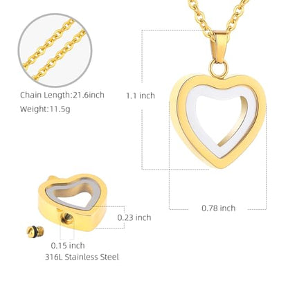 Glass Heart Cremation Urn Necklace for Ashes Stainless Steel Memorial Ash Pendant Keepsake Jewelry Cremation Jewelry for Women - color: Gold