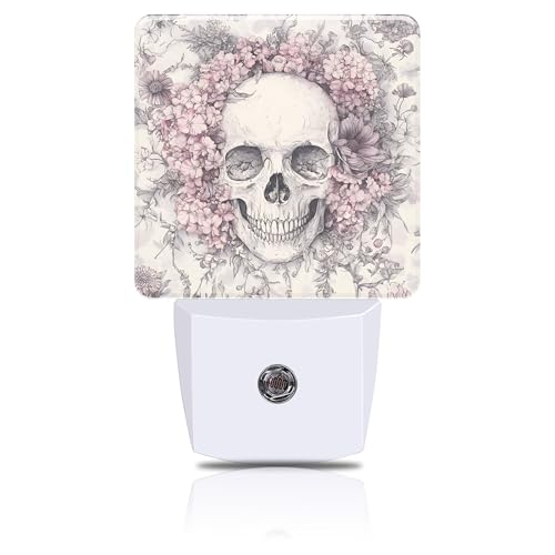 Skull with Pink Flowers Night Light, Plug-in Nightlight with Dusk to Dawn Auto Sensor for Home Bedroom Hallway Kitchen 0.5W Sleep Friendly Led Lamp for Women Men - color: Skull with Pink Flowers