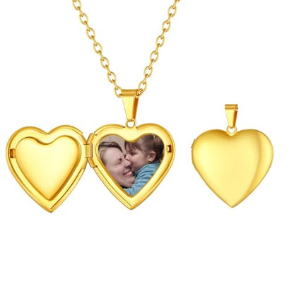 FindChic Locket Necklace for Women Custom Photo Memorial Gifts Multi-Shaped | Silver/Black/Rose Gold/Gold Plated Personalized Gifts for Loved Ones, Birthday Valentine's Day Keepsake - color: Gold- Polished Heart