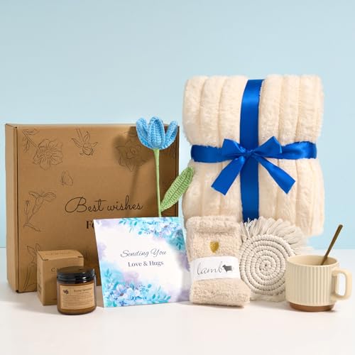 Get Well Soon Gifts for Women, Hug in a Box Care Package with Blanket & Mug, Surgery Recovery Gift Basket for Mom, Grandma, Sister, Friends – Blue Comfort Box with Best Wishes for Mother's Day