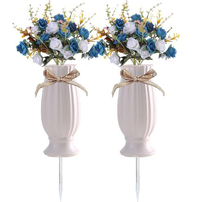 2 Pcs Cemetery Vases with Spikes,Grave Vases for Cemetery with Metal Spikes and Drainage Holes,Grave Flower Holder for Headstones Memorial Gifts Loss of Loved One - color: White